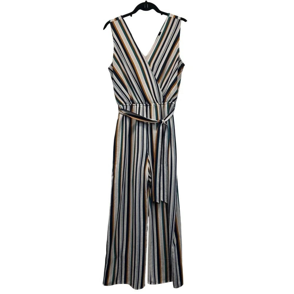 Maurices Jumpsuit‎ Womens M Neutral Colors Striped Wide Leg Wrap V-Neck Belted